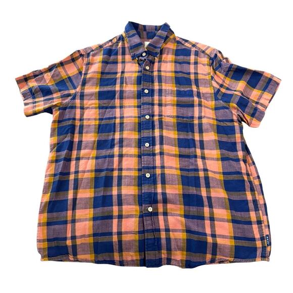 NWOT ROWM Size Large 100% Cotton Short Sleeve Plaid Shirt Peach Navy Blue Collar - Picture 1 of 8